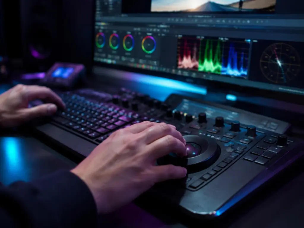 Editor color grading footage on a control panel